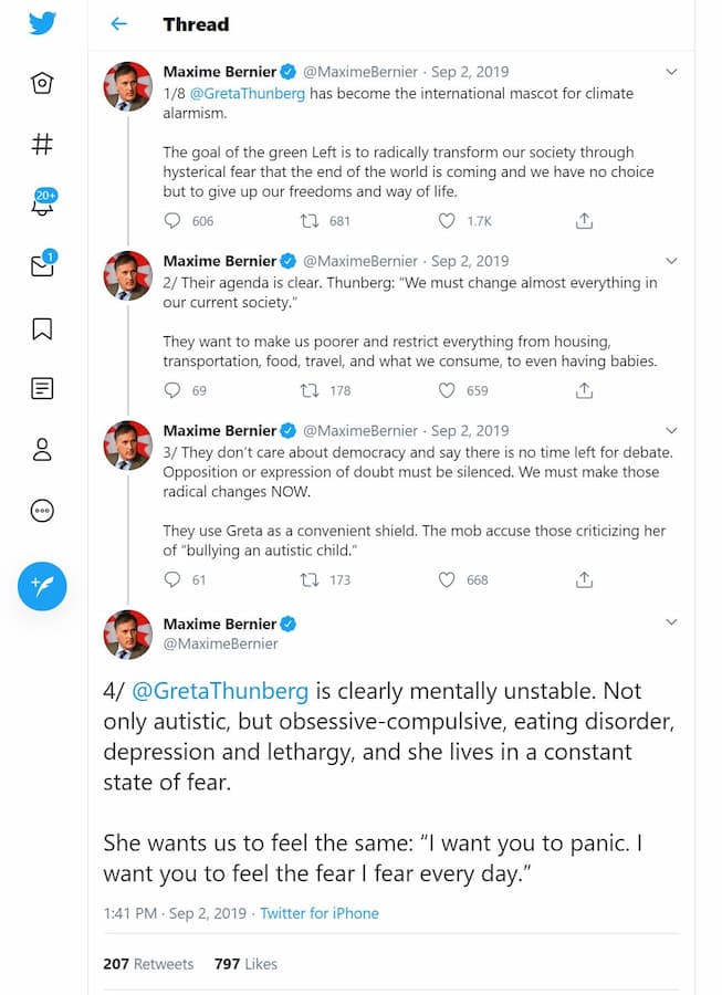 Maxime Bernier attacks Greta Thunberg on Twitter
