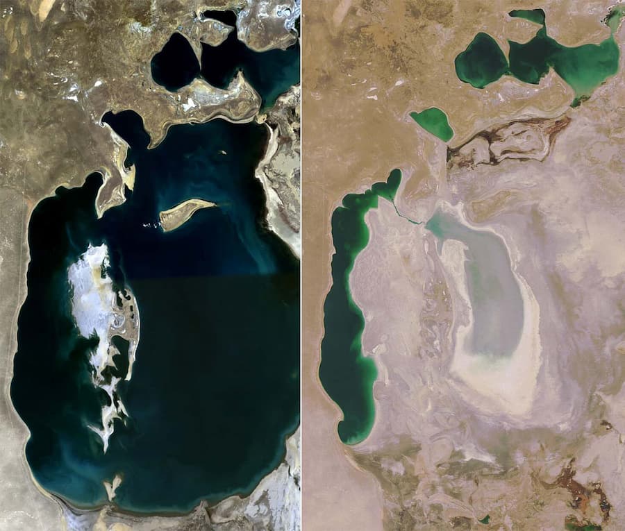 The Aral Sea in 1989 (left) and 2008 (right)